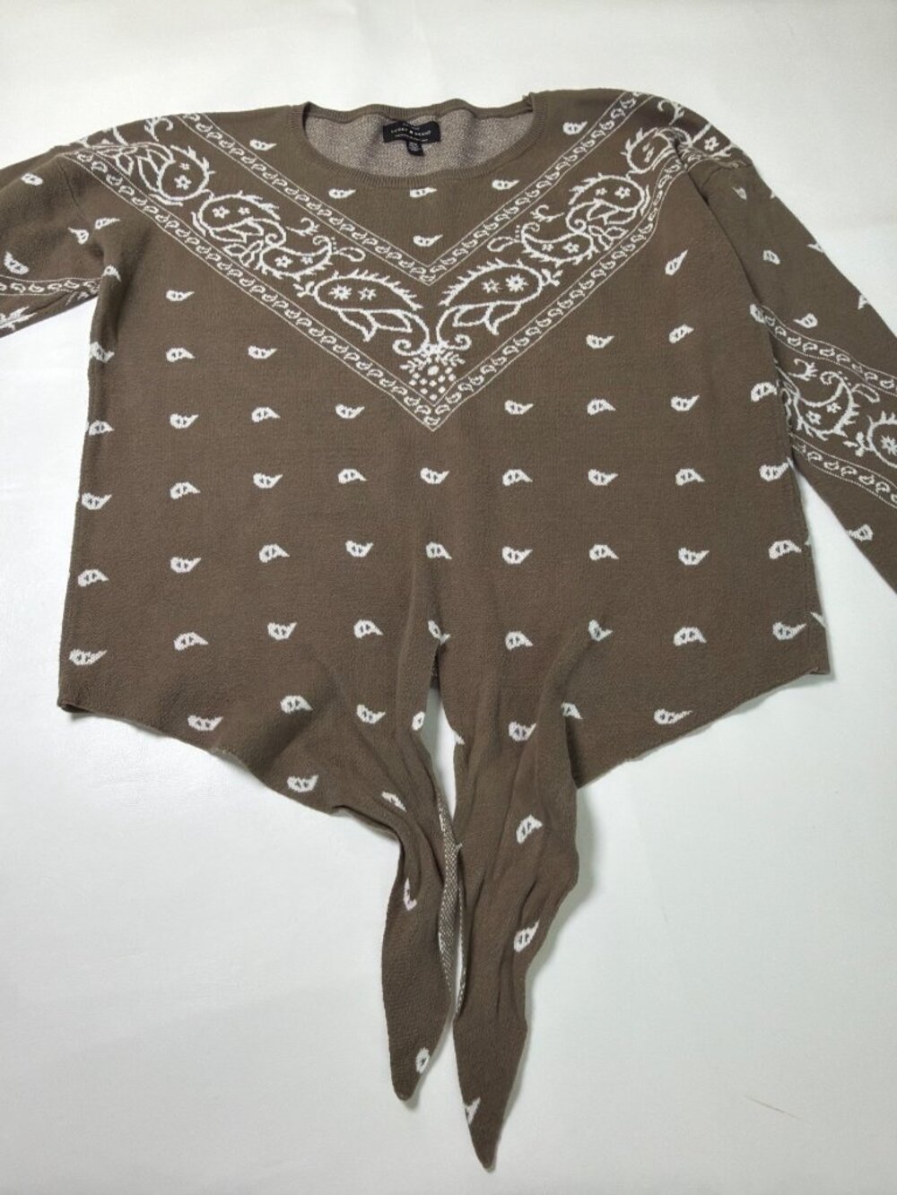 Lucky Brand Intarsia tie front sweater Bandana Olive Pullover Casual, Medium - Picture 6 of 7
